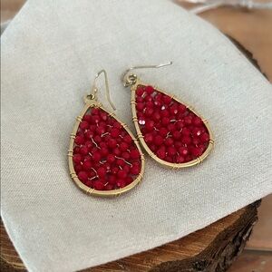 Gold and Red Beaded Teardrop Earrings